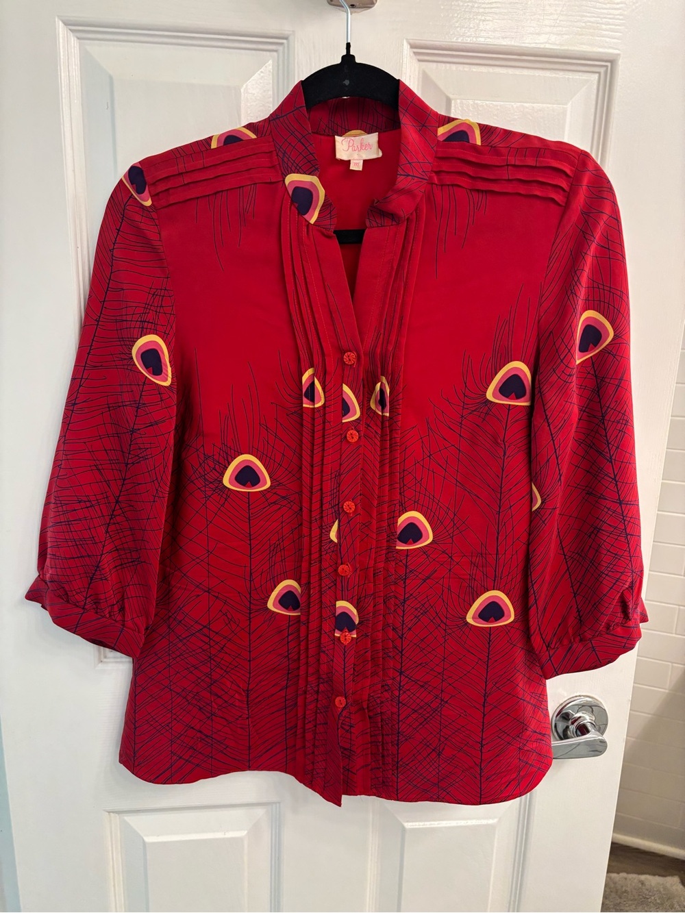 Parker Red Button-Front Printed Blouse with Navy & Yellow Motifs